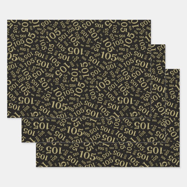 105th Birthday Random Number Pattern Black/Gold Wrapping Paper Sheets (Set)