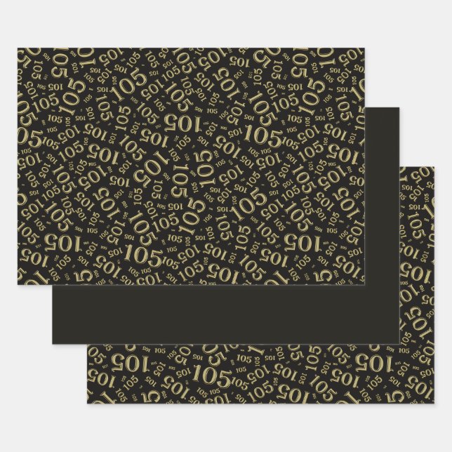 105th Birthday Random Number Pattern Black/Gold Wrapping Paper Sheets (Set)