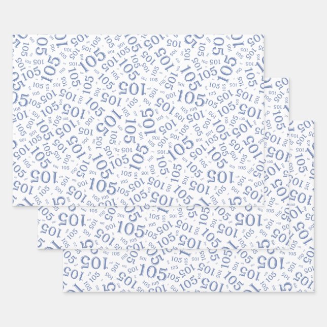 105th Birthday Random Number Pattern Blue/White Wrapping Paper Sheets (Set)