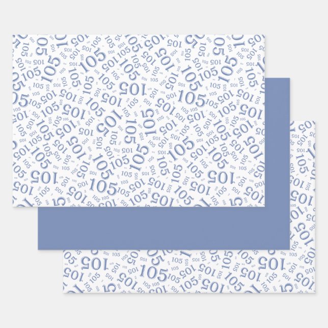 105th Birthday Random Number Pattern Blue/White Wrapping Paper Sheets (Set)