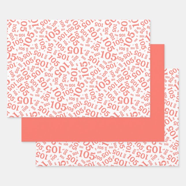 105th Birthday Random Number Pattern Coral/White Wrapping Paper Sheets (Set)