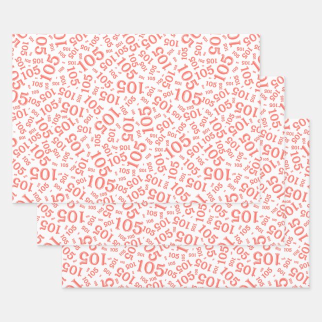105th Birthday Random Number Pattern Coral/White Wrapping Paper Sheets (Set)