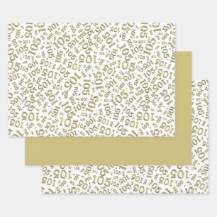 105th Birthday Random Number Pattern Gold/White Wrapping Paper Sheets