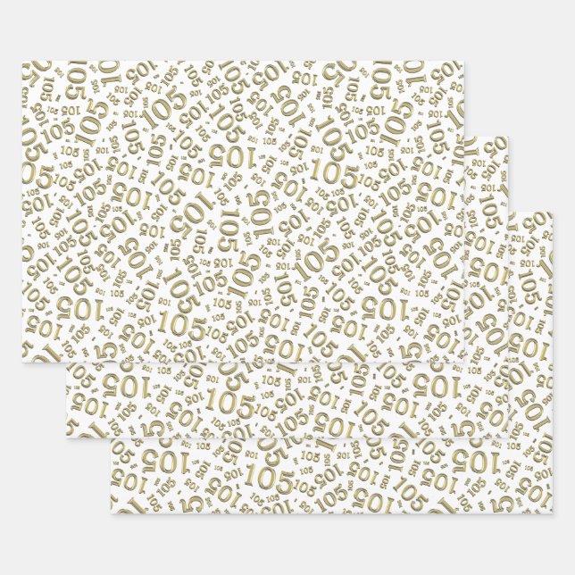 105th Birthday Random Number Pattern Gold/White Wrapping Paper Sheets (Set)