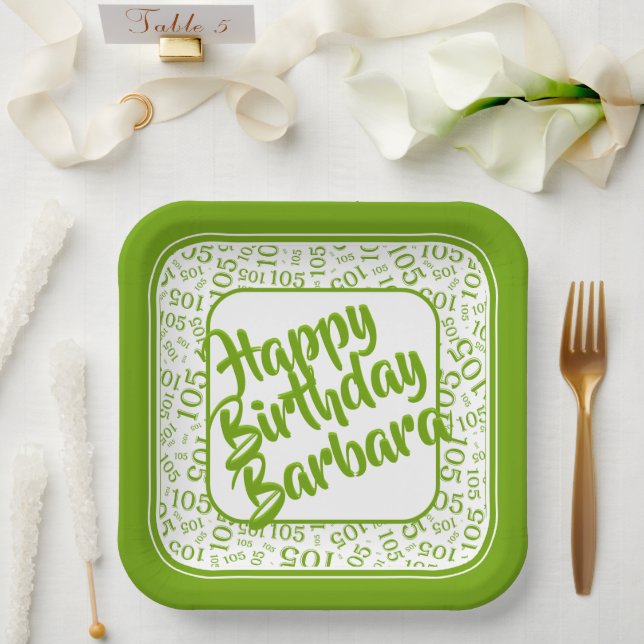 105th Birthday Random Number Pattern Green/White Paper Plates (Wedding)