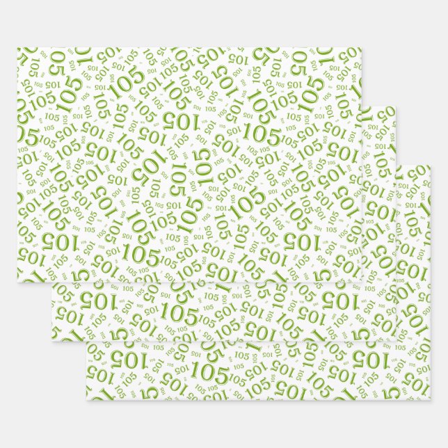 105th Birthday Random Number Pattern Green/White Wrapping Paper Sheets (Set)