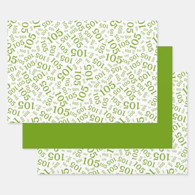 105th Birthday Random Number Pattern Green/White Wrapping Paper Sheets (Set)