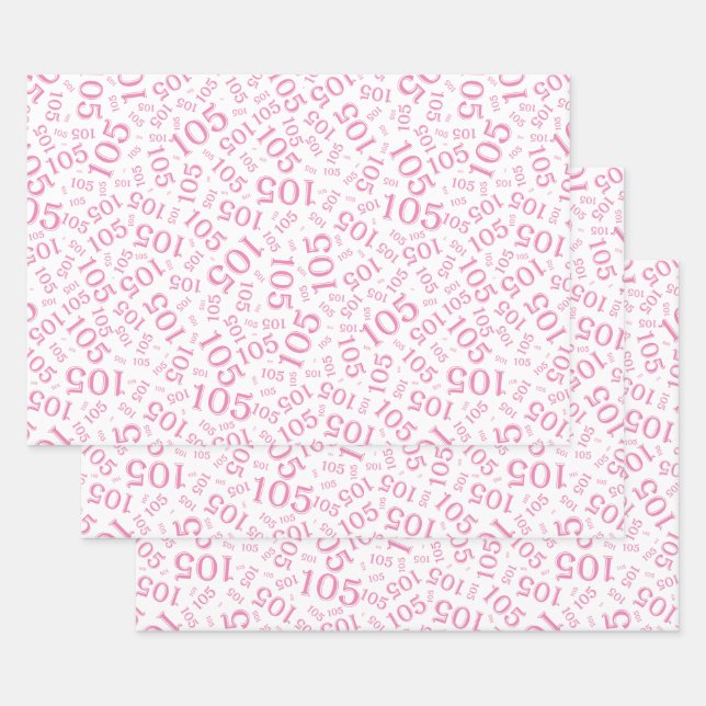 105th Birthday Random Number Pattern Pink/White Wrapping Paper Sheets (Set)
