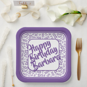 105th Birthday Random Number Pattern Purple/White Paper Plates