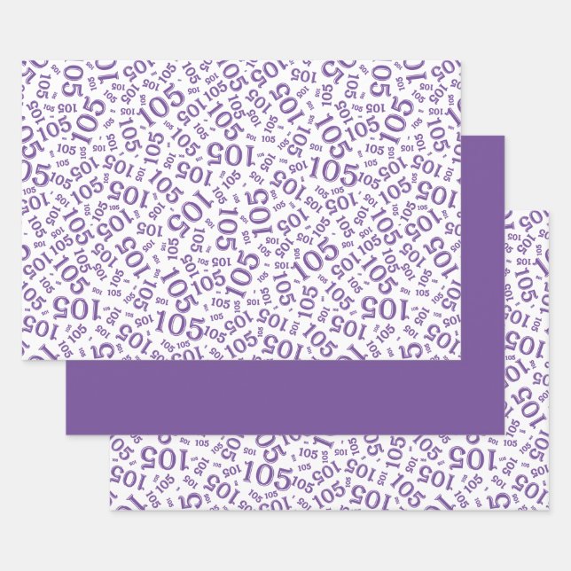 105th Birthday Random Number Pattern Purple/White Wrapping Paper Sheets (Set)