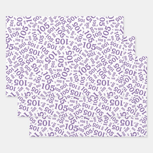 105th Birthday Random Number Pattern Purple/White Wrapping Paper Sheets (Set)