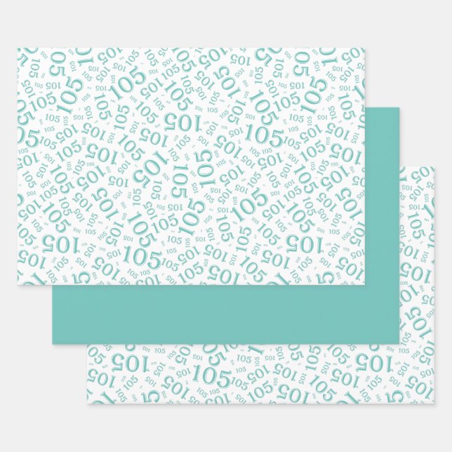 105th Birthday Random Number Pattern Teal/White Wrapping Paper Sheets (Set)