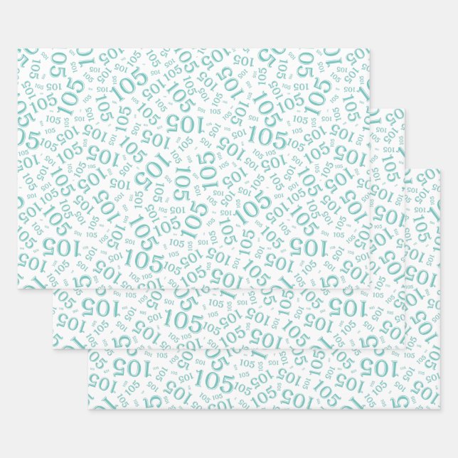 105th Birthday Random Number Pattern Teal/White Wrapping Paper Sheets (Set)