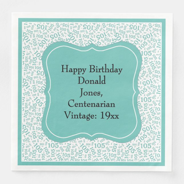 105th Birthday Teal/White Bracket Number Pattern  Paper Dinner Napkins (Front)