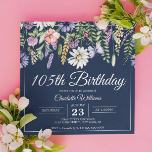105th Birthday Wildflowers Navy Elegant 105 Years Invitation
