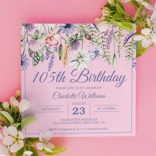 105th Birthday Wildflowers Pink 105 Years Invitation