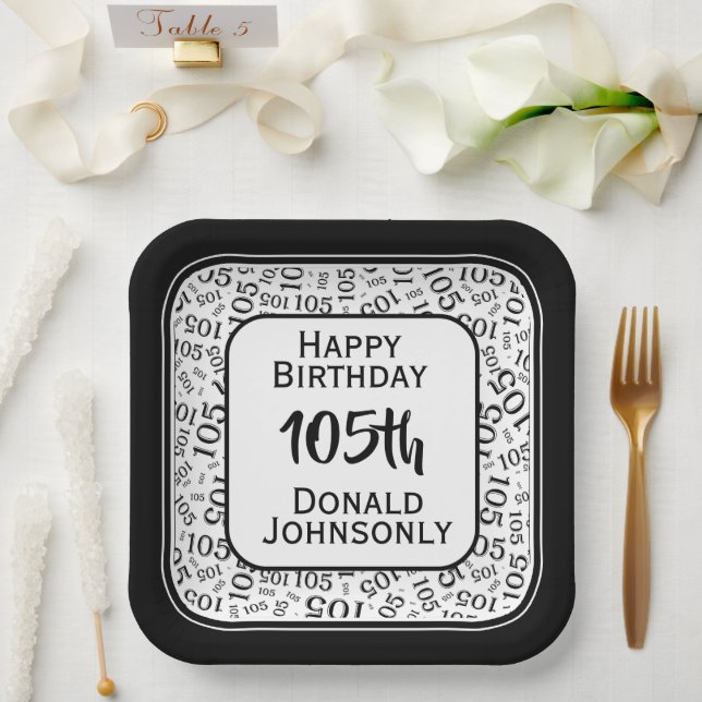 105th Party Random Number Pattern Black/White Paper Plates (Wedding)