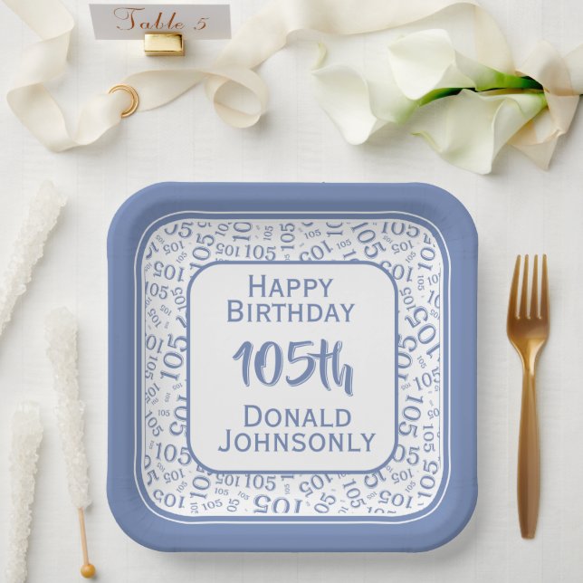 105th Party Random Number Pattern Blue/White Paper Plates (Wedding)