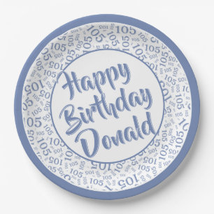 105th Party Random Number Pattern Blue/White Paper Plates