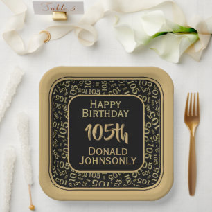 105th Party Random Number Pattern Gold/Black Paper Plates