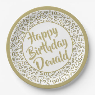 105th Party Random Number Pattern Gold/White Paper Plates