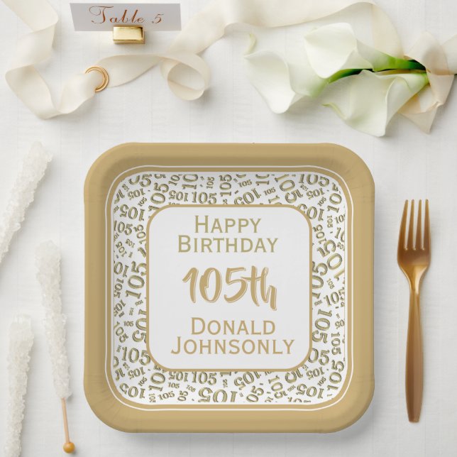 105th Party Random Number Pattern Gold/White Paper Plates (Wedding)