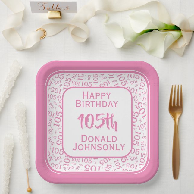 105th Party Random Number Pattern Pink/White Paper Plates (Wedding)
