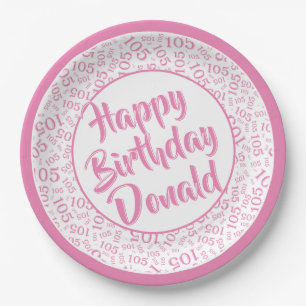 105th Party Random Number Pattern Pink/White Paper Plates