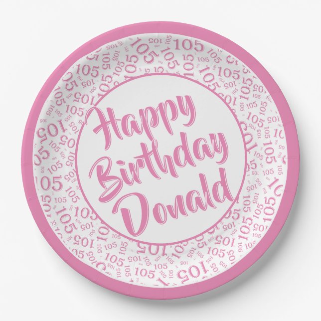 105th Party Random Number Pattern Pink/White Paper Plates (Front)