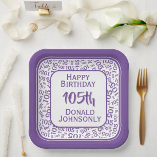 105th Party Random Number Pattern Purple/White Paper Plates