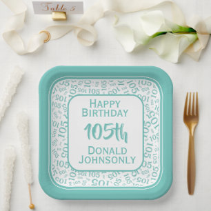 105th Party Random Number Pattern Teal/White Paper Plates