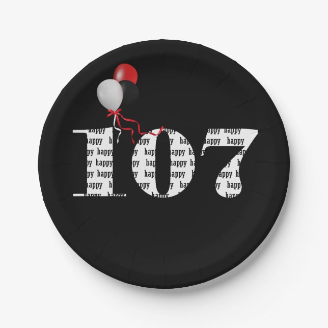 107th birthday party balloons paper plates (Front)