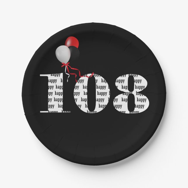 108th birthday party balloons paper plates (Front)
