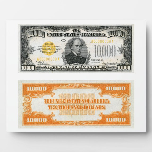 $10,000 Gold Certificate Bank Note 1934 Plaque (Front)