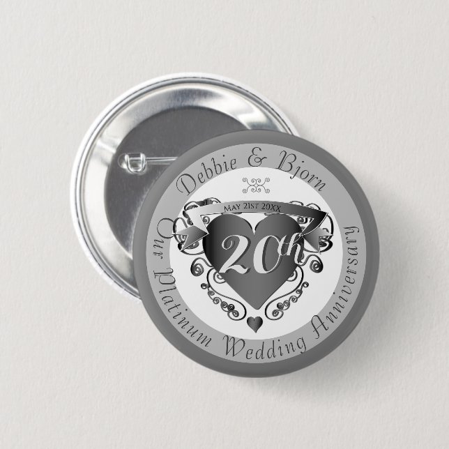 10,11,20th,25,70 Wedding Anniversary Heart Emblem  Button (Front & Back)