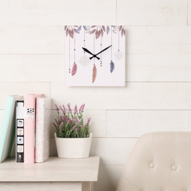 10.75" Boho Feathers Square Acrylic Wall Clock (Reading Room)