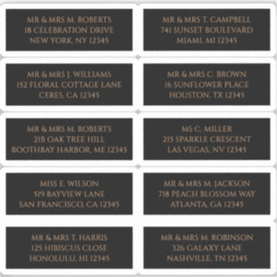 10 Black Gold Guest Names and Addresses Sticker