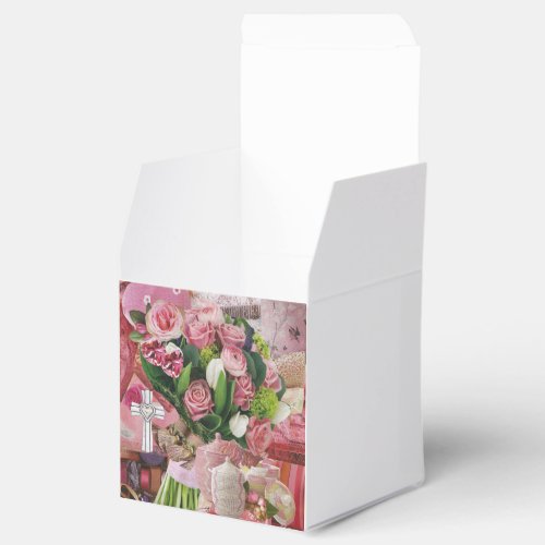 10 Favor Boxes with Pink Roses and Silver Cross