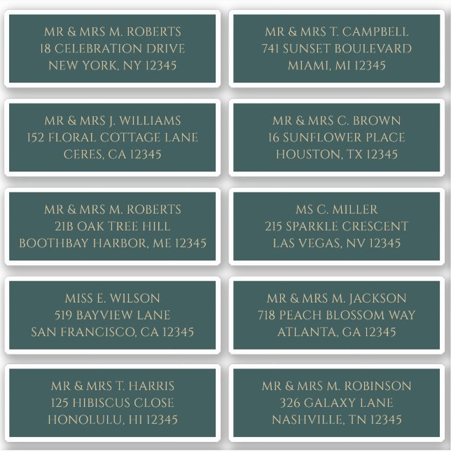 10 Individual Guest Name Address Green Gold Sticker (Front)