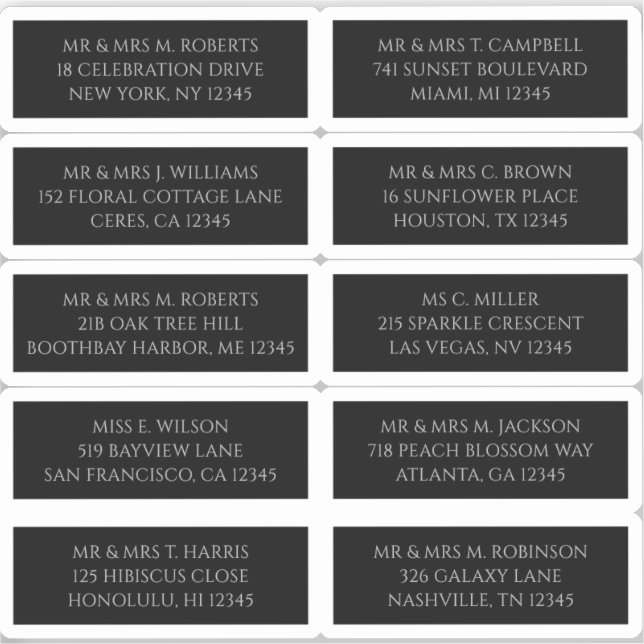 10 Individual Guest Name Address Mystical Black Sticker (Front)