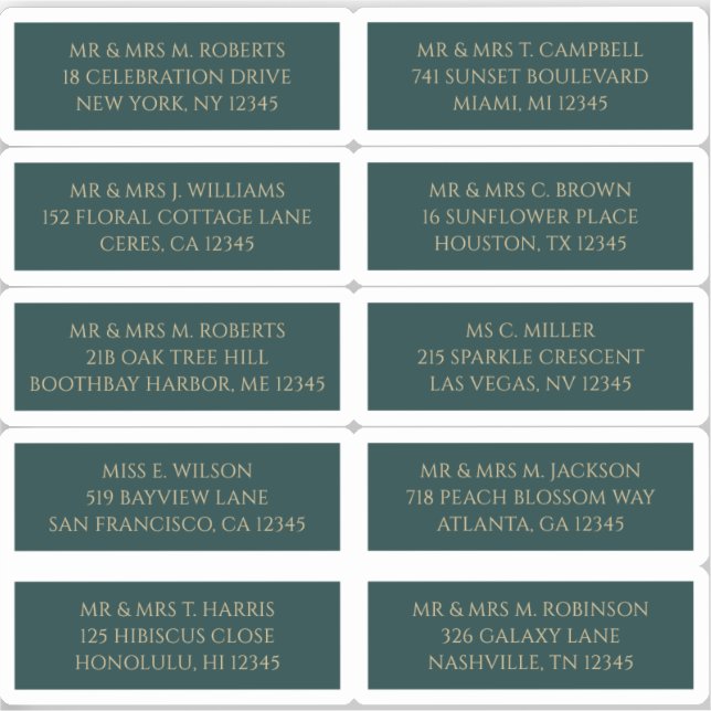 10 Individual Guest Name Address Mystical Green Sticker (Front)