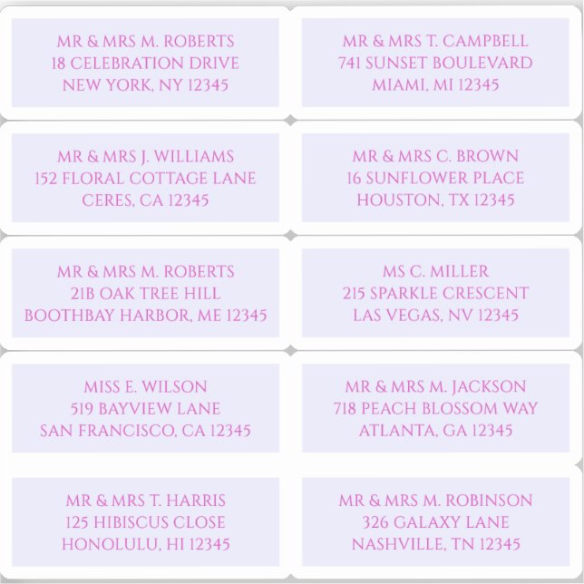 10 Individual Guest Name Address Mystical Lavender Sticker (Front)