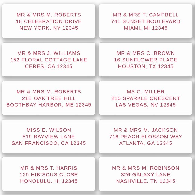 10 Individual Guest Name Address Party Wedding Sticker (Front)