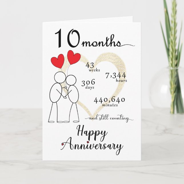 10 Month Anniversary Card with red heart balloons (Front)