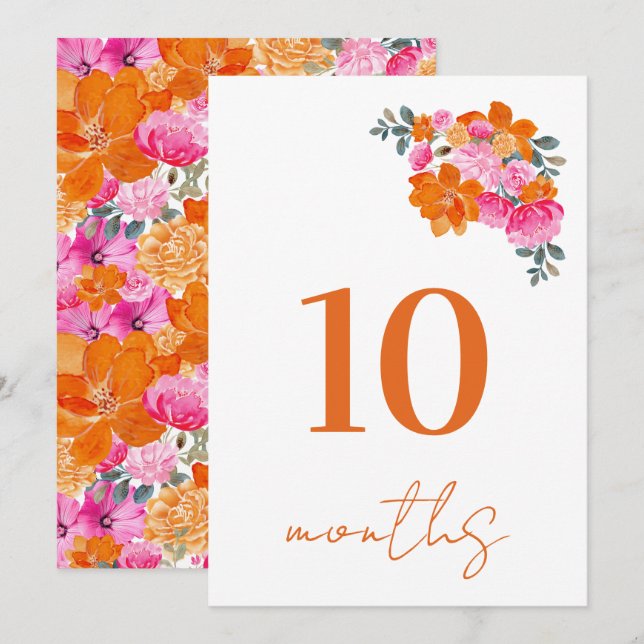 10 Months Old Pink & Orange Baby Milestone Card (Front/Back)