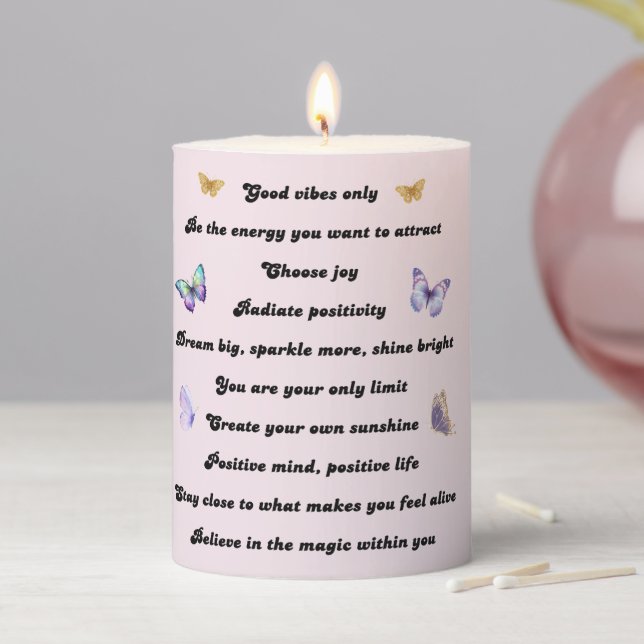 10 motivational inspirational positive quotes pink pillar candle (In Situ)