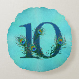 10 Peacock Feather Anniversary Elegant Round Pillow