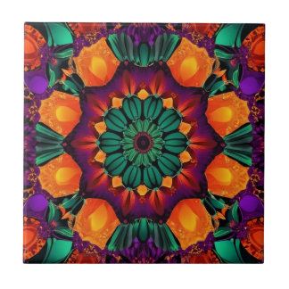 10 Petal Green Flower Ceramic Tile