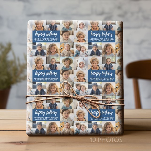 10 Photo Border Birthday Text Center - Blue Wrapping Paper (Custom Photo Collage Wrapping Paper - All Occasion)