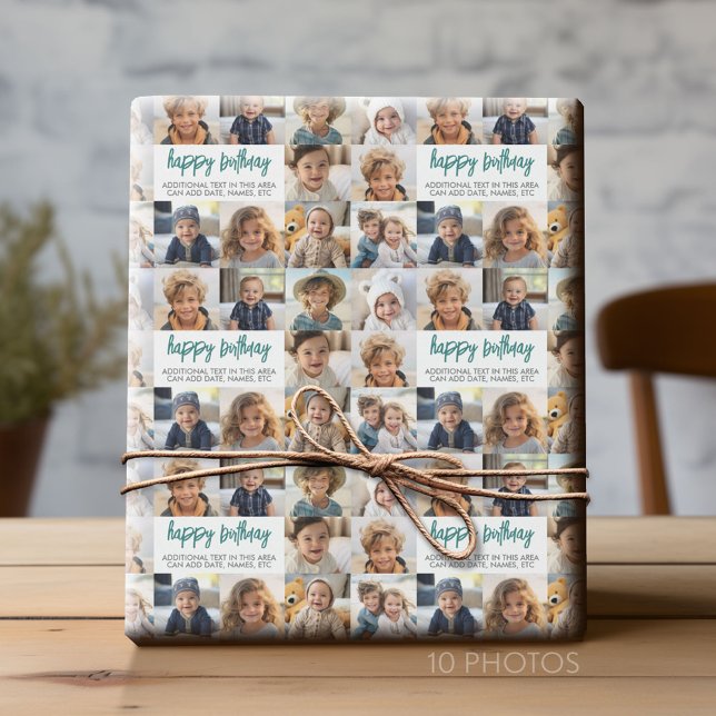 10 Photo Border Birthday Text Center - Teal Gray Wrapping Paper (Custom Photo Collage Wrapping Paper - All Occasion)